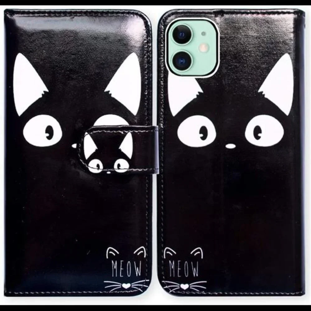 For iPhone 11 Case, White Ear Cat Black Card Slot Wallet Leather